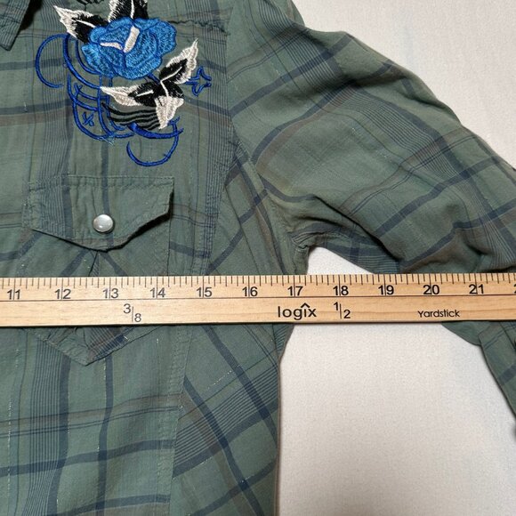 3J Workshop Johnny Was Embroidered Plaid Snap Shirt Green M Y2K Rock N Roll - Picture 12 of 12